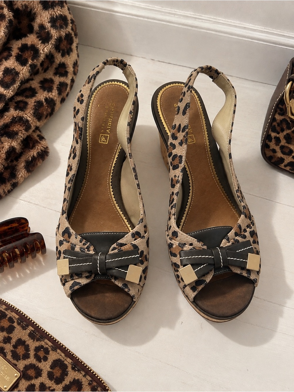 Sperry Leopard Print Cork Wedge Sandals Y2K Bow Slingbacks